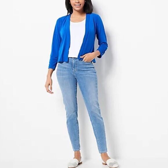 Susan Graver Liquid Knit Ruched Sleeve Shrug with Button Detail - Picture 2 of 7